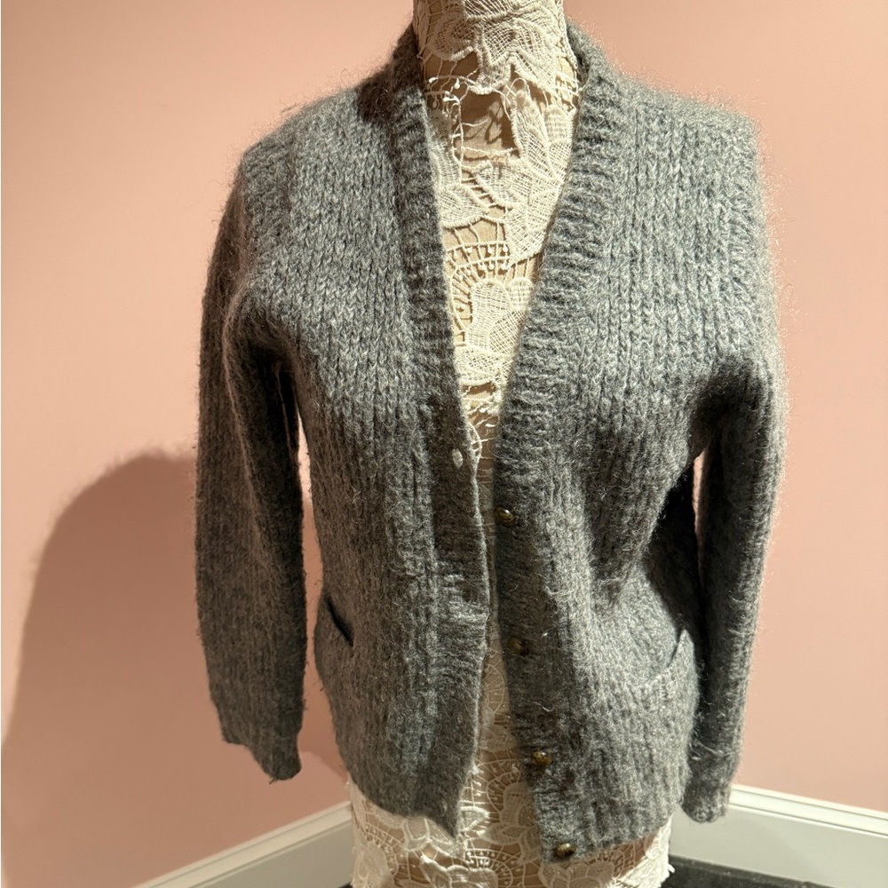 A.L.C. Gray Fuzzy Mohair Wool Blend Cardigan Sweater Pockets S